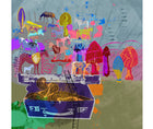 This vibrant 90cm x 90cm artwork by Anne Raymond depicts a family home, to an array of obsessive collectors. Time, memories, moments exploding and wrapping around historical artefacts. Horses old and new entwine themselves in the landscape of today, emerging from the past, in vibrant pinks, reds and purples on a khaki, and grey background.