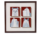 A 33.5cm x 33.5cm framed artwork, featuring 4 individual 10 x10 cm oil paintings of a white and grey Yorkie, facing forward, back, left a right, as per a police mug shot, against a deep terracotta background, float mounted on white conservation board, and framed in a simple dark brown wooden frame, By Holly Frean.