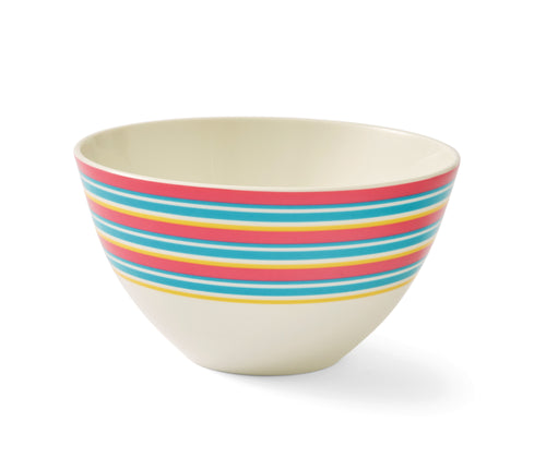 The Calypso Striped bowl, is a deep rice bowl , with it's wide border of pink, turquoise, and yellow narrow stripes combining all the collections colours to give and alternative design to layer into this cheerful china collection, sold in sets of 4