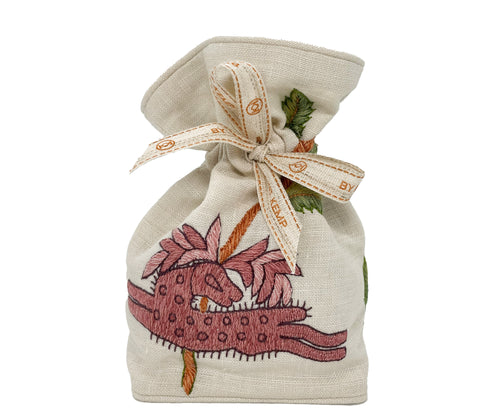 These delightful hand embroidered lavender bags in Mythical Antelope in pink on a linen fabric, lined in complementing hand woven fabrics from historic looms are the perfect gift adding a delicate touch to any room or linen cupboards. Filled with dried lavender