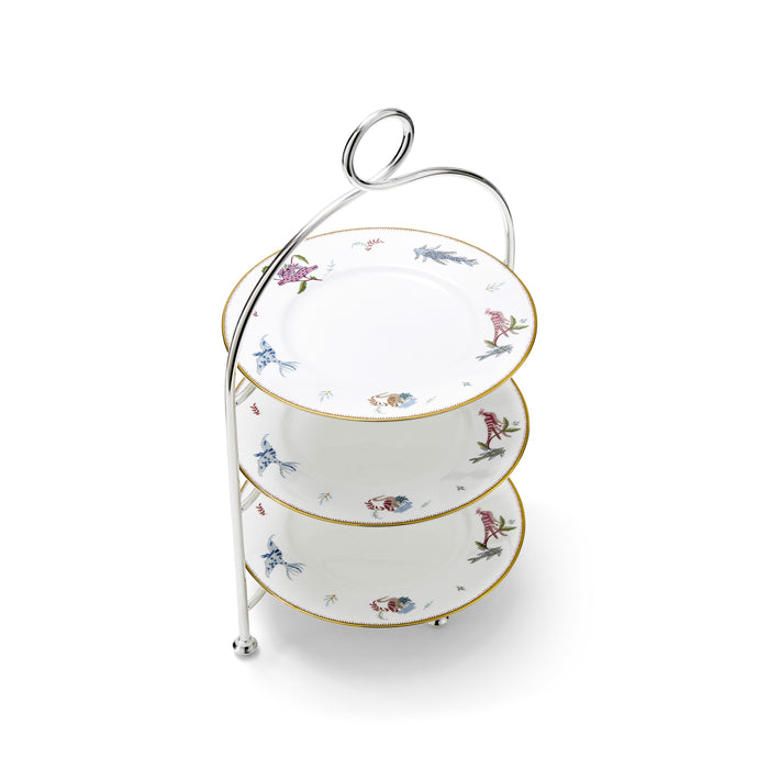 The Afternoon Tea stand is shown here dressed with the 3 afternoon tea plates, from the sailors farewell collection, featuring small illustrations of the lady waving loved ones goodbye, in the centre, and the sea creatures encountered along the way featured along the edge of this pale blue plate.