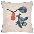 The hand appliqued Mythical Bird, in assorted shades of light blue cloth, is sewn onto a ecru wool 50x50cm cushion, next to a hanging pear, formed of orange herringbone wool.