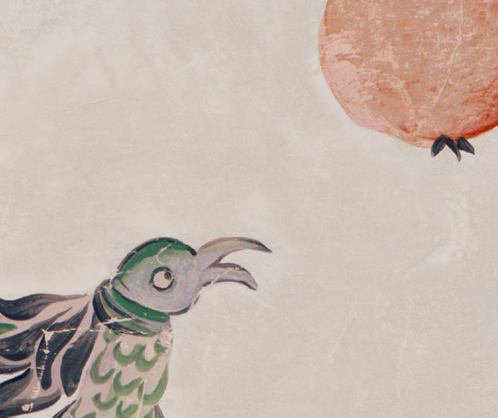 Detailed picture of the bird that features in the Mythical Land Wallpaper in vellum , with it's soft green background