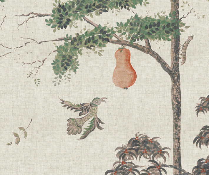 Detailed picture of the bird that features in the Mythical Land Wallpaper in flax , with it's a natural linen, cream background.