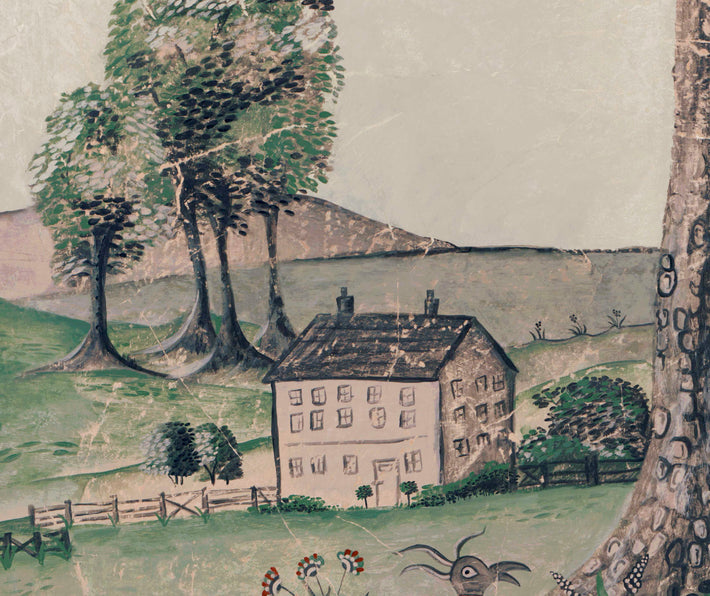 Detailed picture of the house that features in the Mythical Land Wallpaper in vellum , with it's soft green background