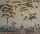 Mythical Land Wallpaper in Summer storm , has a washed out blue background, against which giant mythical pear trees line the landscape, in which forest like creatures can be found sketched in tones of blues, greens , alongside a lively river bed of soft pinks, and orange tones, against the green and fertile banks bordered with wild flowers.