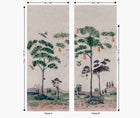 Panel placement of the Mythical Land Wallpaper in vellum, showing width and height measurements and repeat positioning.