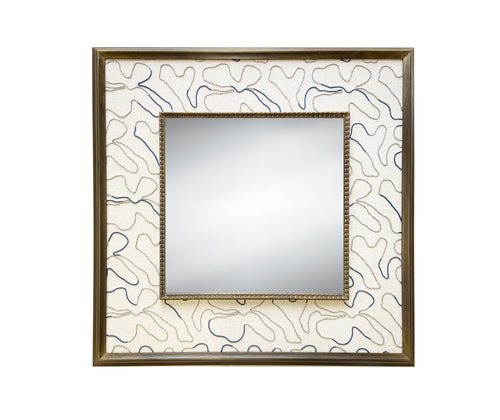 The Squiggle Mirror, features natural and blue cords stitched in looping curves to loosely form floral shapes, on a base of natural linen, stretched to form a wide decorative border around a square central mirror, in a wooden frame.