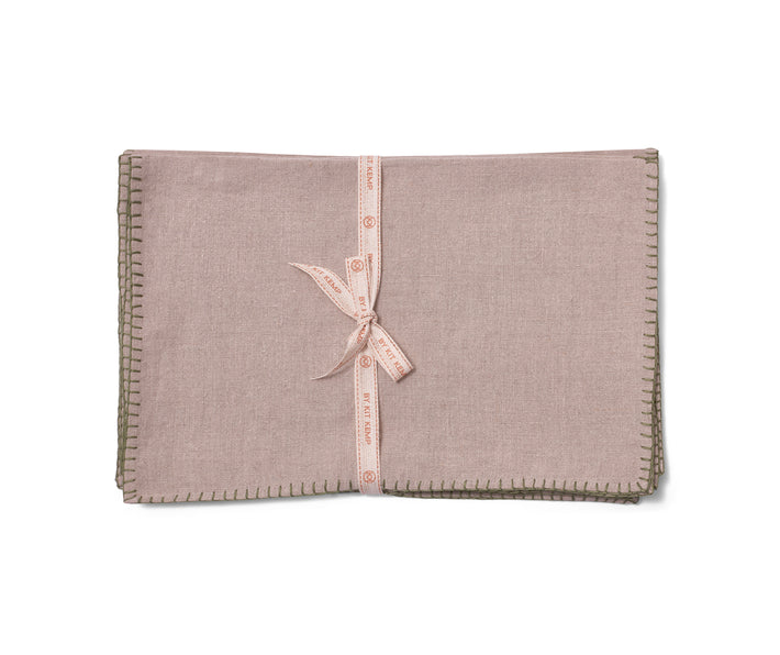 Beautifully soft Italian linen 35x45 placemats, natural beige linen hand-stitched in olive green blanket-stitching around the edges, sold in packs of 6, tied with a ribbon