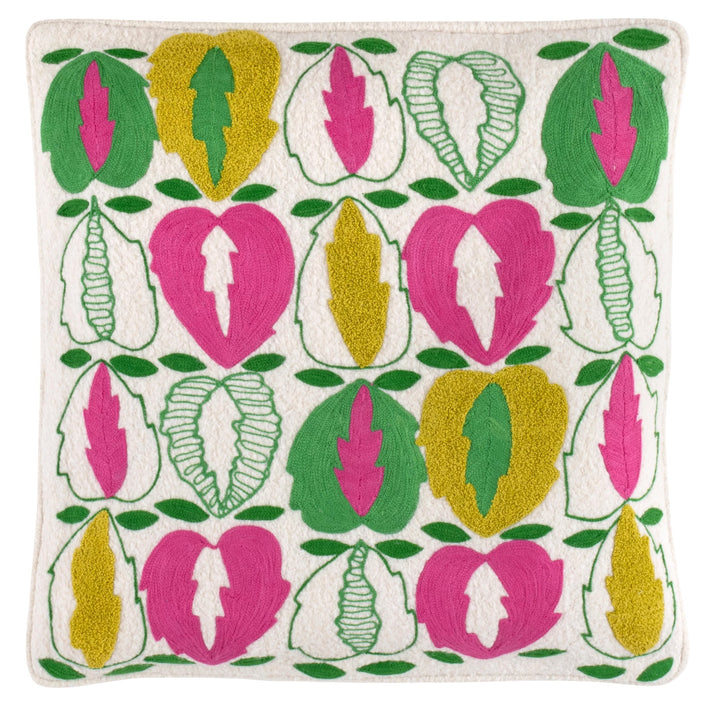 Kit Kemp's Oakley Cushion, from her New Forest Collection with Annie Selke, is hand embroidered version of one of Kit's favourite cloths, on a wool base, this beautiful addition to her collection evokes her love of nature, and in the Delft apple green and pink tones. 