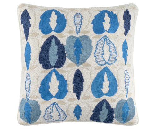 Kit Kemp's Oakley Cushion, from her New Forest Collection with Annie Selke, is hand embroidered version of one of Kit's favourite cloths, on a wool base, this beautiful addition to her collection evokes her love of nature, and in the Delft blue, add a colour and tactile texture to your sofa, bed or chair.