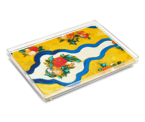 Acrylic tray with Ondine Mediterranean fabric with a painterly print that depicts theatrical floral frames in vivid colours.