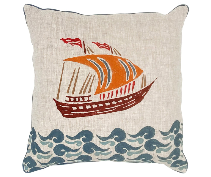 The Sailboat Cushion's block print design, is vibrant in colour and movement with a boat under full sail skimming over a sea of pale blue curling ocean waves, printed on a natural linen ground, with contrasting pale blue piping, itís a fun addition to any sofa or chair, and is a collaboration with Maria Yiannikkou. 