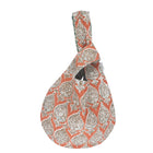 Our sari Loop bag in soft shades of orange and aqua is printed with a paisley-like design, and combined with and aqua and ecru printed inner, wo produce a truly unique bag. 