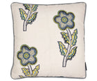 This a large 50x50 cushion with its white linen base cloth is printed with a large daisy like floral design in powder blue and yellow , and embellished with hand embroidered details, like chainstitch, and French knots, in yellow to add texture, with pale blue piping.