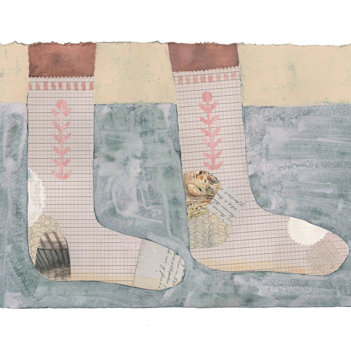 Artwork by Jo Waterhouse showing a pair of Pastel Socks with patchwork toes and heels