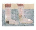 Artwork by Jo Waterhouse showing a pair of Pastel Socks with patchwork toes and heels