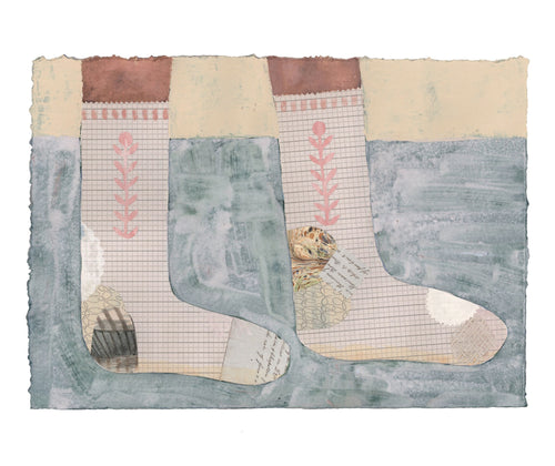 Artwork by Jo Waterhouse showing a pair of Pastel Socks with patchwork toes and heels