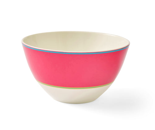 The Pink Calypso Bowl ,is a deep breakfast bowl, with a wide pink band, bordered by narrow central stripes in green and yellow, and tipped with a blue outer band. Sold in sets of 4, these plates bring joy and sunshine to your table settings.