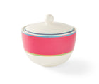 The Calypso Pink Covered Sugar Bowl has a simple domed shape with its wide pink band, bordered by narrow stripes in blue and yellow, and topped with a elegantly simple white lid, and adds a touch of colour to your breakfast table.