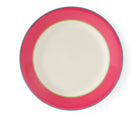 The Pink Calypso Dinner plate, is a large 27cm white plate, with a wide pink band, bordered by narrow central stripes in green and yellow, and tipped with a blue outer band. Sold in sets of 4, these plates bring joy and sunshine to your table settings.