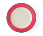 The Pink Calypso side plate, is a 24cm white plate, with a wide pink band, bordered by narrow central stripes in green and yellow, and tipped with a blue outer band. Sold in sets of 4, these plates bring joy and sunshine to your table settings.