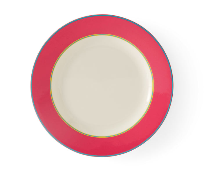 The Pink Calypso side plate, is a 24cm white plate, with a wide pink band, bordered by narrow central stripes in green and yellow, and tipped with a blue outer band. Sold in sets of 4, these plates bring joy and sunshine to your table settings.