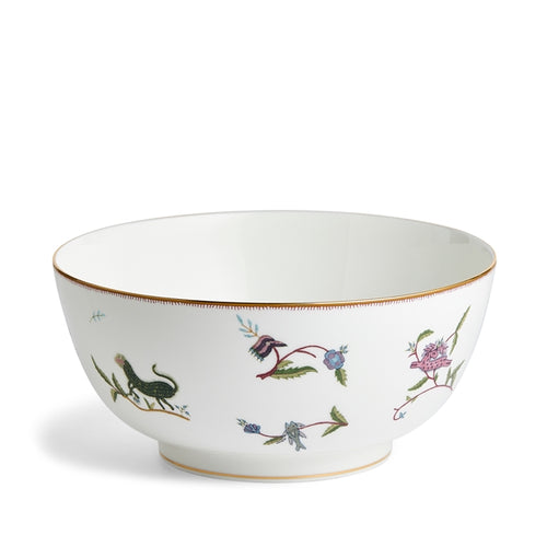 25cm ( diameter) white fine bone deep salad Bowl, with Mythical creatures, in shades of pink, yellow and green, featured on the outside. ( side on image).