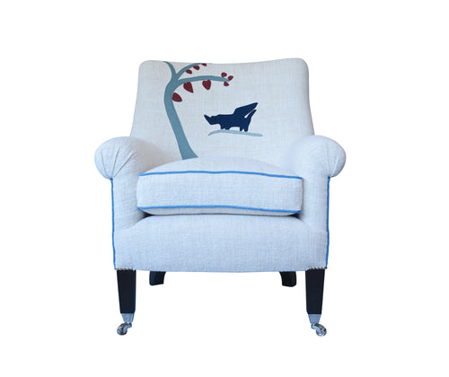 Armchair in cream / white with applique rhino and tree