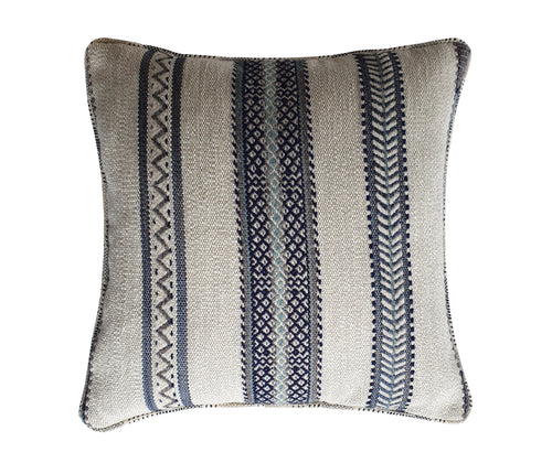 45 by 45 cm cushion in Ribbon Weave indigo fabric with a self pipe