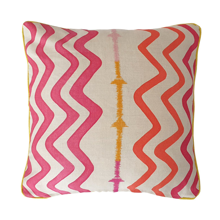 Cushion made with Rick Rack Fabric - large pink wavy lines with yellow piping