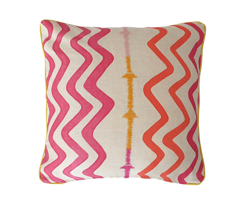 Cushion made with Rick Rack Fabric - large pink wavy lines with yellow piping