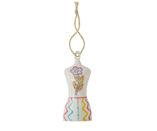 Emulating one Kit's signature mannequins', this ornament is decorated in her signature zig zag stripes on the lower half, with the simple flower design on the upper, in turquoise, pinks and yellows, the Rik Rak Mannequin ornament makes for a bright and unusual addition to you Christmas decorations. 