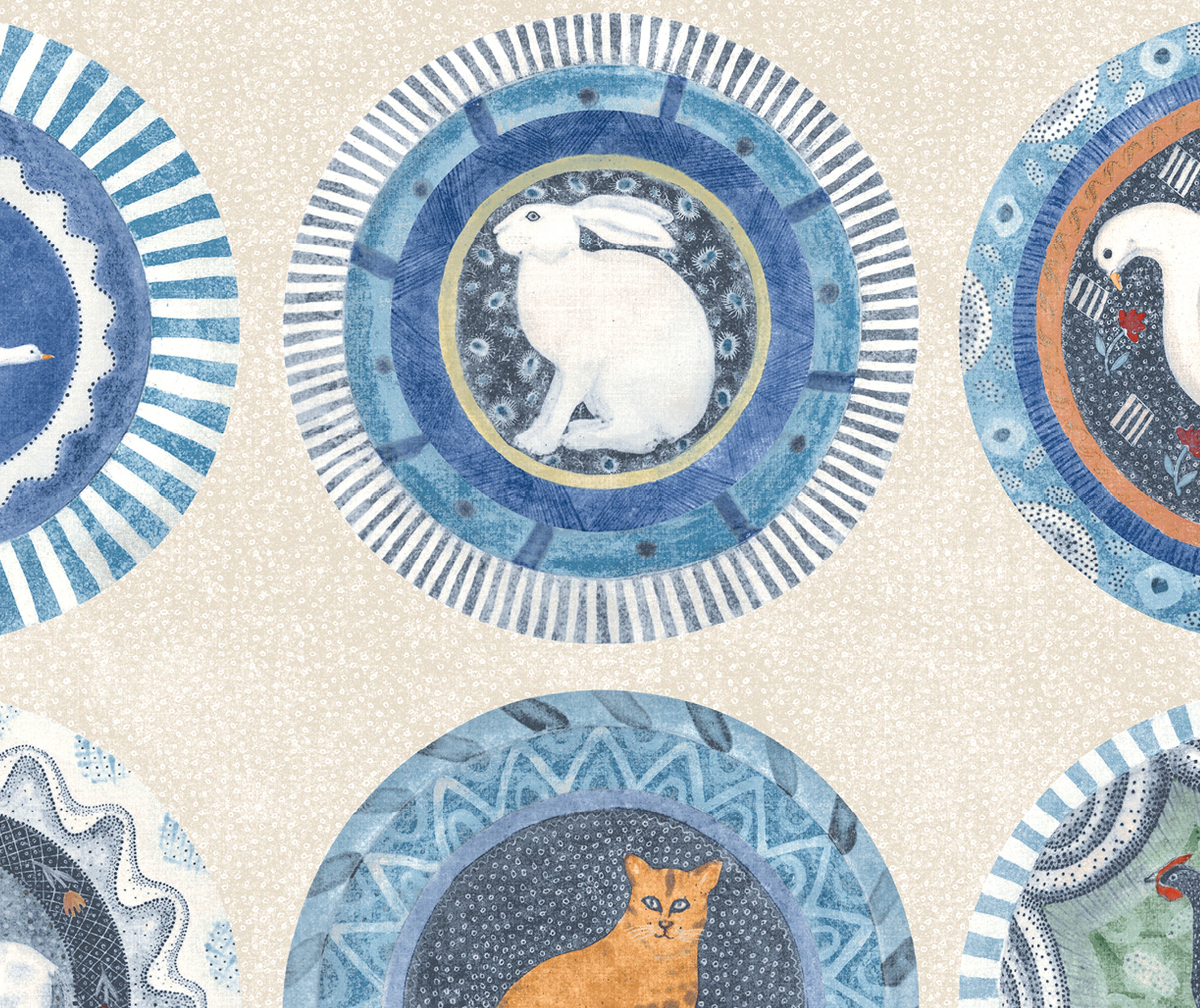 A close up of the Robina's Dinner Party Wallpaper in Blue, is a homage to blue and white colour combination often found in ceramics, with whimsical animals centred on plates designs in shades of blue, white and green, as featured on the sample swatch of this wallpaper. 