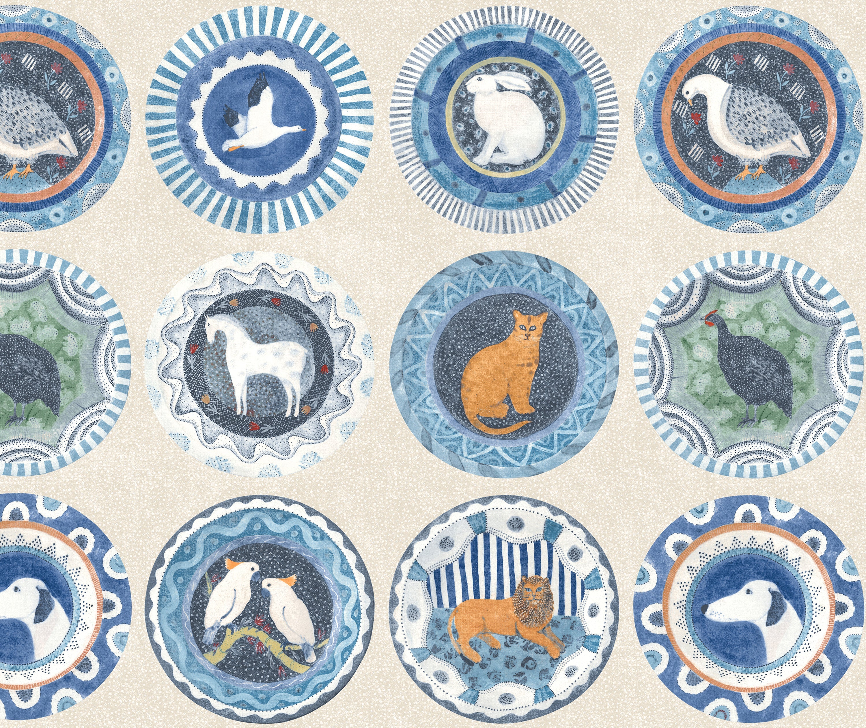 Robina's Dinner party is a celebration of one of Kit's favourite ceramists: Robina Jack, featuring her much loved plates, with her whimsical animals and brightly patterned borders, to form a standout wallpaper full of colour and humour Robin's Dinner Party Wallpaper in Blue, is a homage to blue and white colour combination often found in ceramic dinner-wear. 