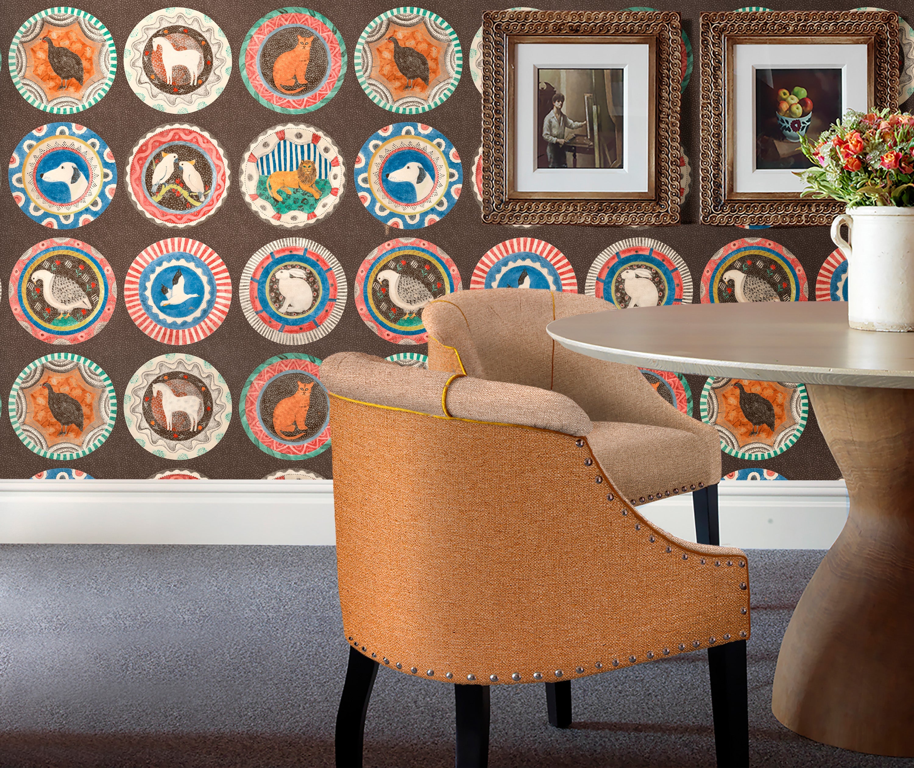 lifestyle shot of the Robina's dinner plate wallpaper design in cocoa