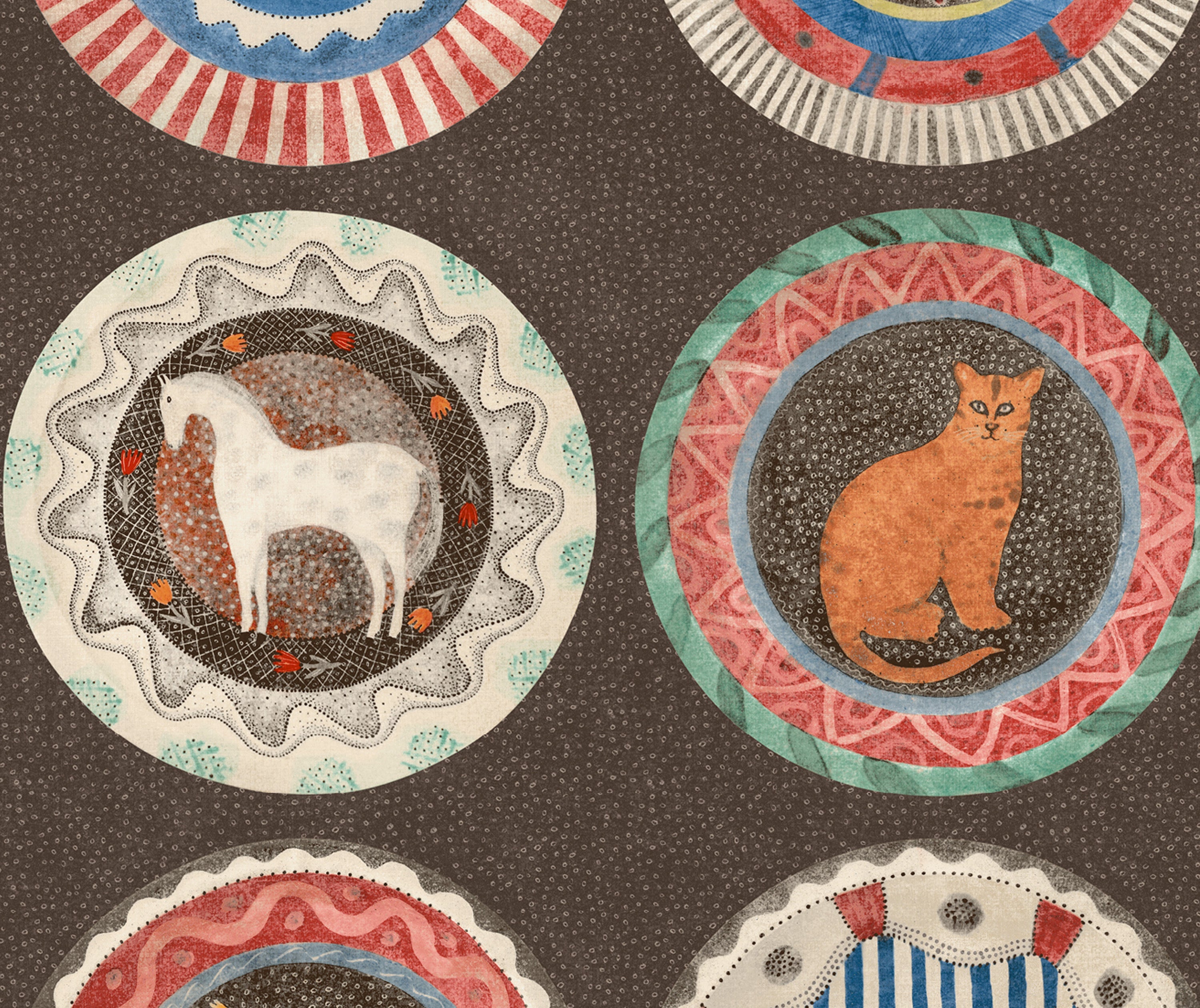 A detailed shot of Robina's Dinner party wallpaper : the cocoa colours deep chocolatey background gives this plate design a depth of colour , focusing your attention on the scalloped edge detailing surrounding the portrait of the ginger cat and white horse, featured at the centre of this shot. 