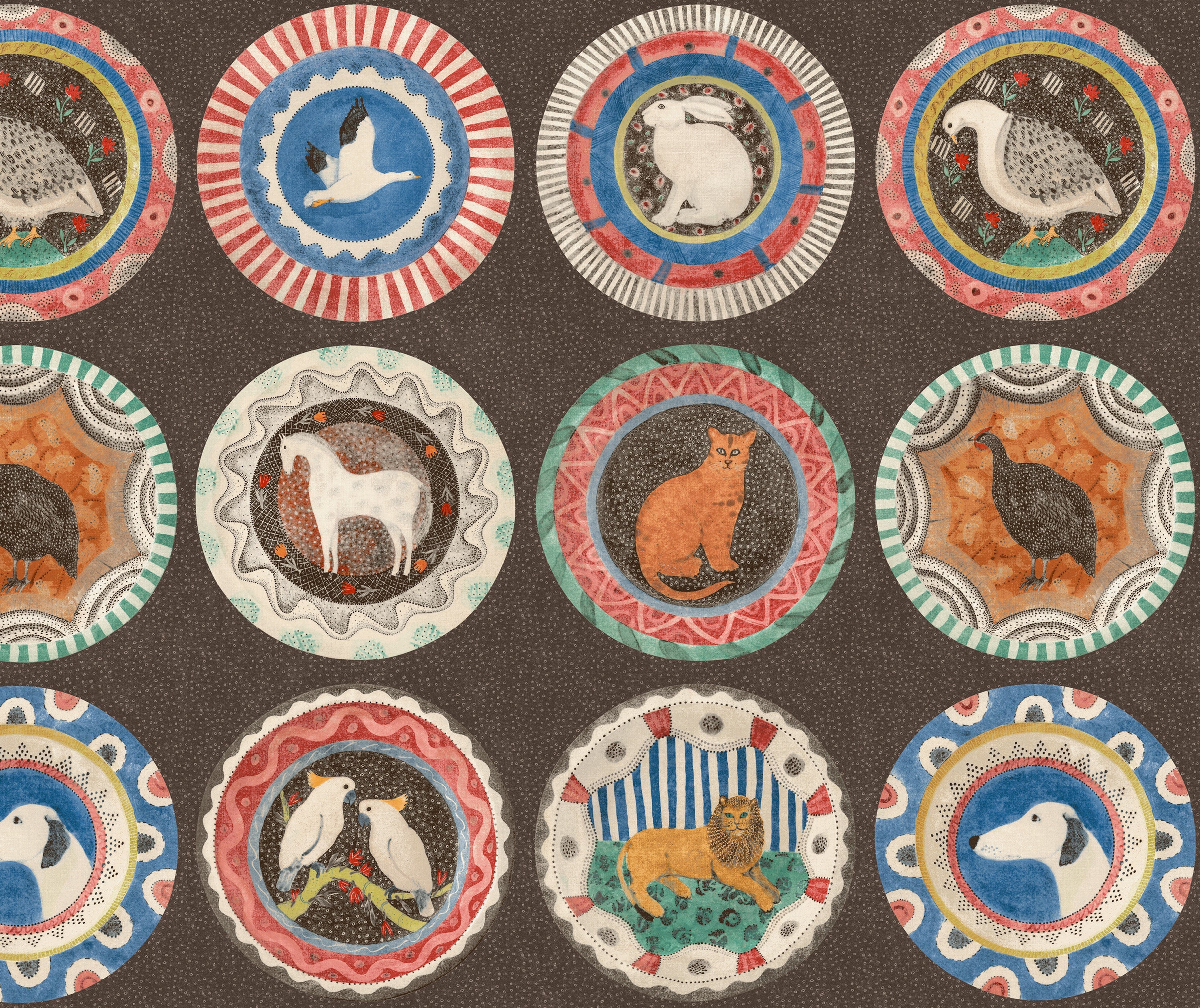 Robina's Dinner party is a celebration of one of Kit's favourite ceramists: Robina Jack, featuring her much loved plates, with her whimsical animals and brightly patterned borders, to form a standout wallpaper full of colour and humour The cocoa colours deep chocolatey background gives this plate design a depth of colour with its brightly bordered design to make a truly remarkable room. 