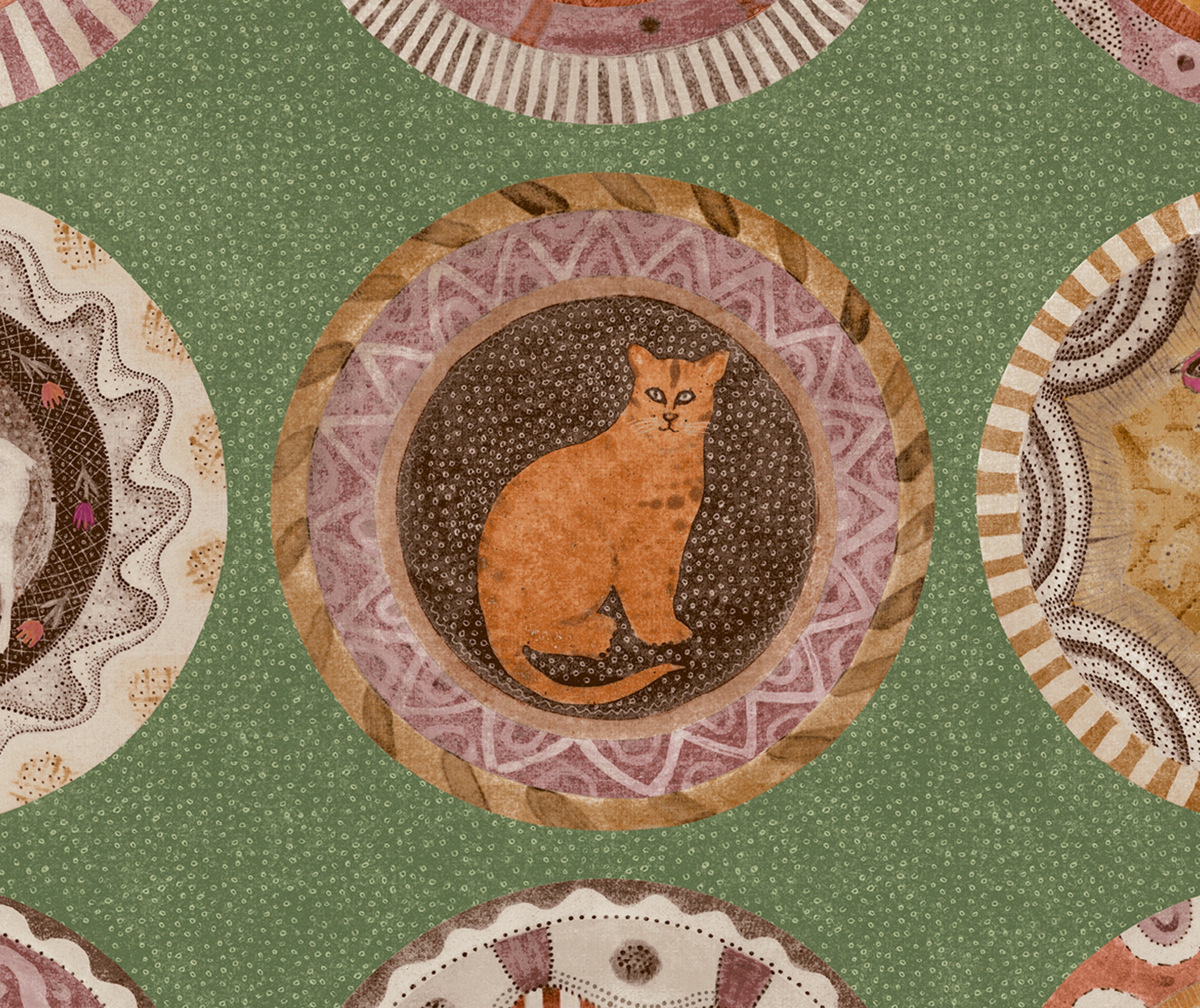 This close up shot of Robina Dinner Party wallpaper features a collection of plates by Kit's favourite ceramists on an apple green background features plates in tones of pink, browns and oranges, whose centre's are decorated with her trademark whimsical animals, focusing in this case on the ginger cat.