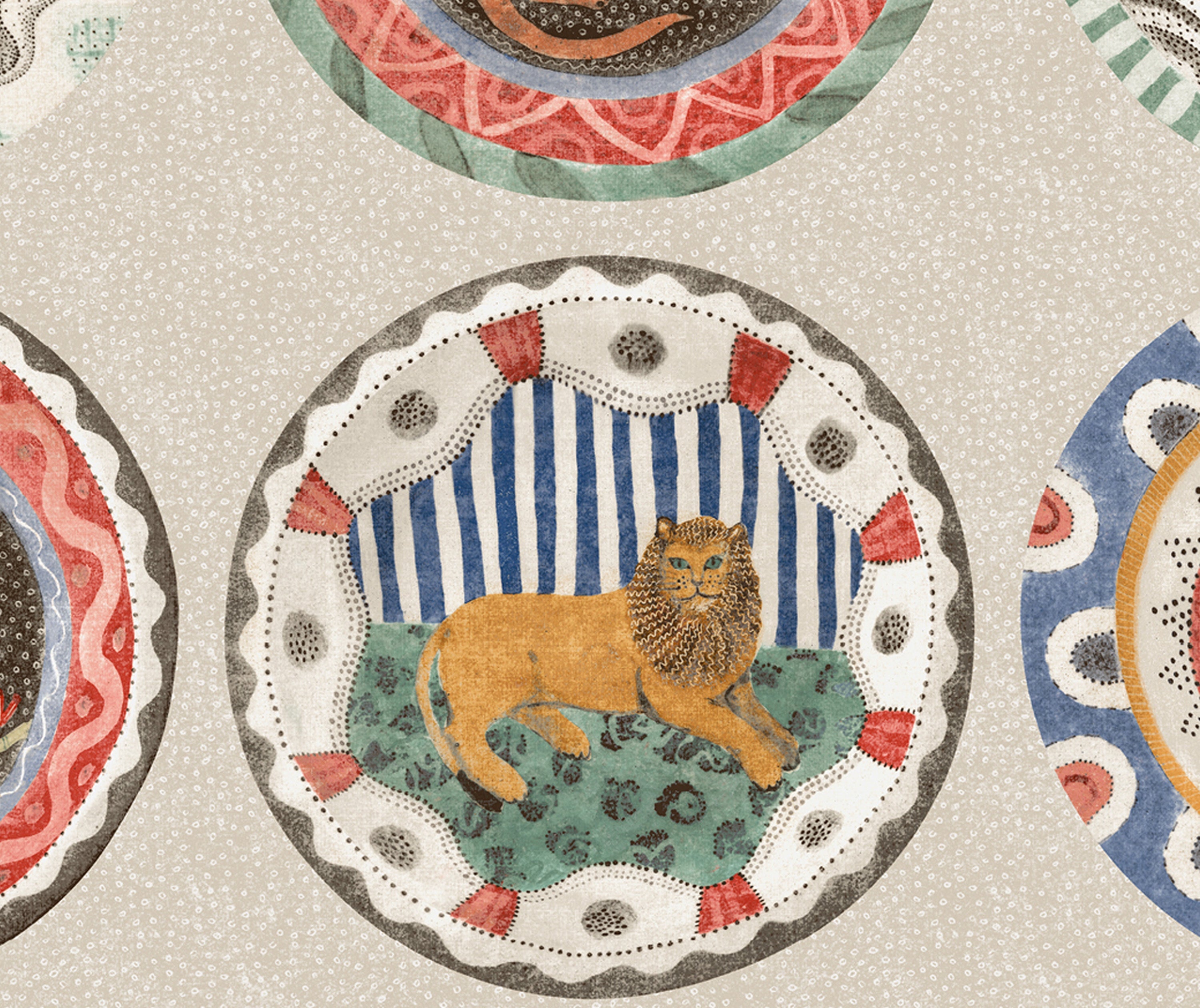 A close up of the Robina's Dinner party wallpaper in the Jewel colour-way really sings with it's jewel coloured patterned bordered plates, focusing on the plate with a brown and red scalloped edge and a regal golden lion at its centre.