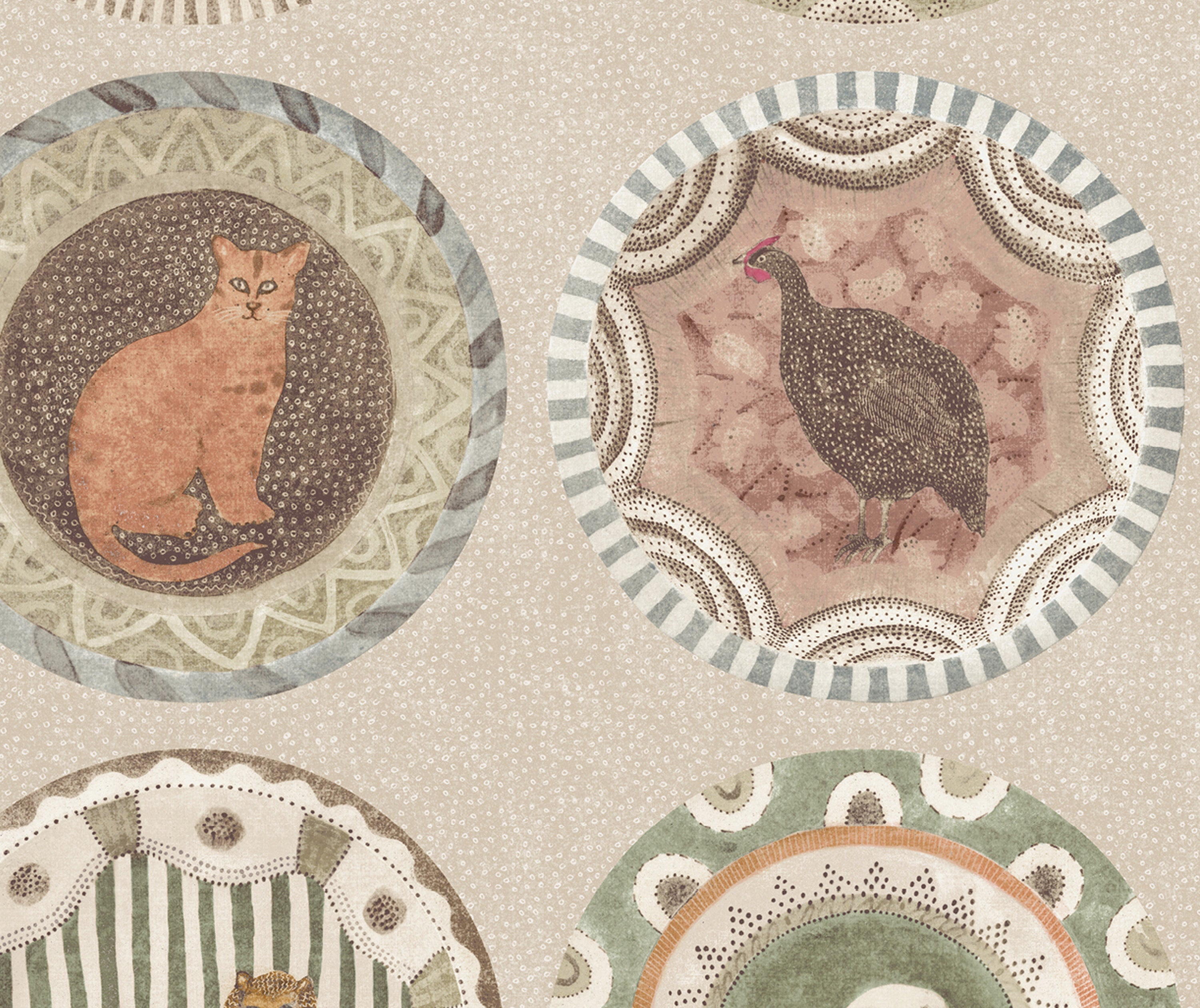 Close up of Robina's Dinner party wallpaper in sage, with her whimsical animals and tonally patterned borders, to form a standout wallpaper full of colour and humour , this sage colourway presents this plate design against more muted soft khaki green colour tones, with this shot centring on the moorhen, and cat design 
