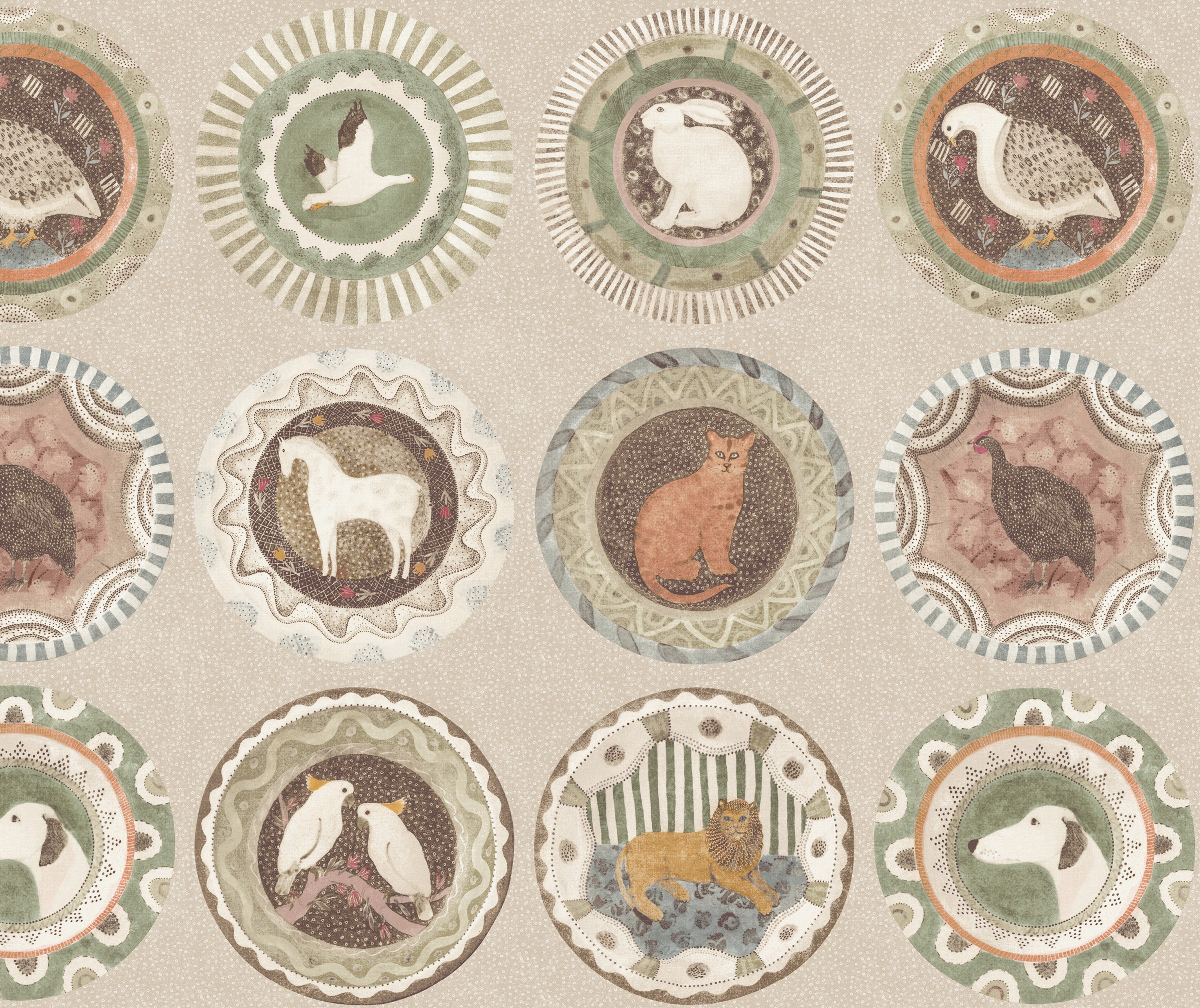 Robina's Dinner party is a celebration of one of Kit's favourite ceramists: Robina Jack, featuring her much loved plates, with her whimsical animals and brightly patterned borders, to form a standout wallpaper full of colour and humour , this sage colourway presents this plate design against more muted soft khaki green colour tones. 