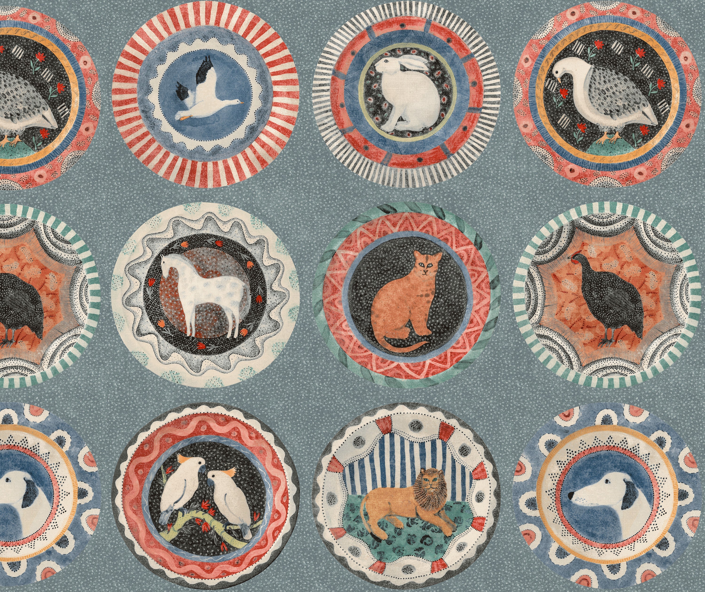 Robina's Dinner party is a celebration of one of Kit's favourite ceramists: Robina Jack, featuring her much loved plates, with her whimsical animals and brightly patterned borders, to form a standout wallpaper full of colour and humour The teal background is peppered with lighter shaded dots, and gives this plate design a depth of colour with its brightly bordered animal design stands out from. 
