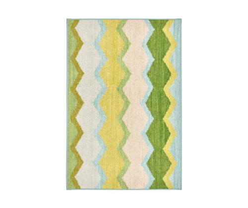 Kit Kemp's bestselling rug Safety Net, in green is available to buy in a machine washable version, perfect for homes with pets and ideal for high traffic areas. This superior quality rug, remains soft underfoot, and no piling and shedding even after multiple washes, and is made up of variegated diamond stripes in shades of green. Size 8x10