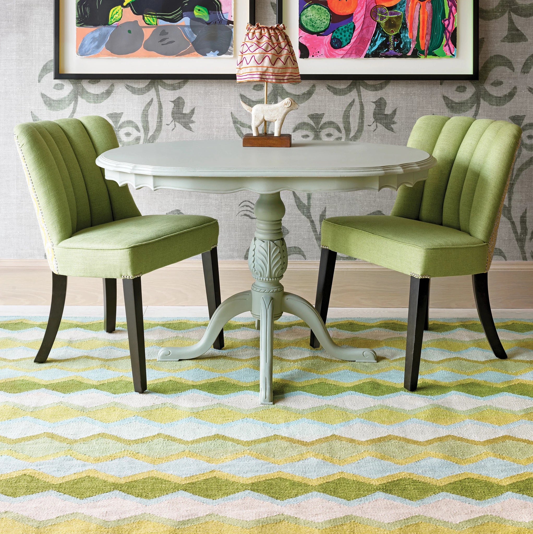 Geometric design and green tones rug by Kit Kemp to create landscape and light play, and bring greenery and joy to any interior.