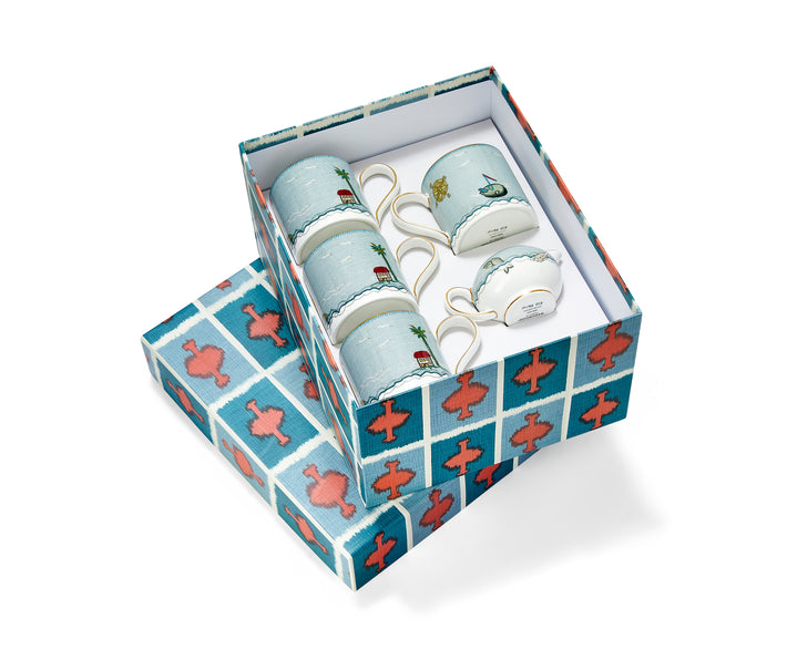 Gift set with four sailor's farewell mugs and a small cream jug in a gift box in the Ozone Coral print