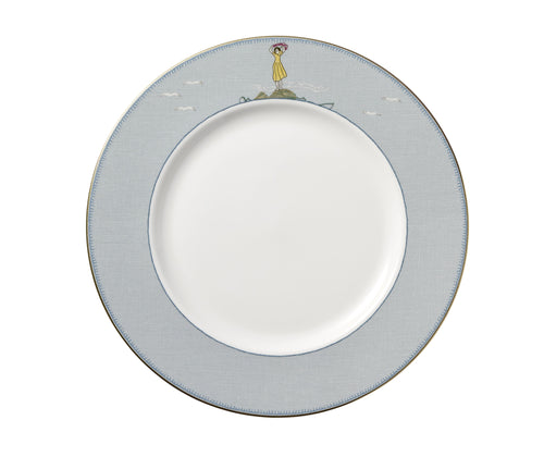 The Sailor's dinner plate is 27cm in diameter, and is a white plate, with pale blue wide border, with a small image of a lady in a yellow dress waving goodbye to her loved ones on the top edge of this border.