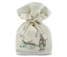 Our Sailor's lavender bag in pale grey linen, is embroidered with characters from Kits 's Sailors Farewell cloth , designed with Chelsea textiles, and is hand embroidered with a deep sea diver, ship wreak, and compass on the reverse, is tied with a natural kit kemp natural cotton ribbon, and lined in contrasting green leaf print fabric. ( viewed front on).