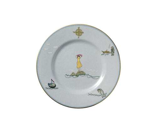 The 22cm sailors plate is pale blue and is has the yellow dressed lady at its centre, waving farewell, with a small deep sea diver, and underwater creatures on the rim.