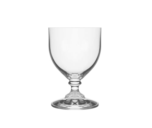 A clear rustic style small wine glass with a short solid stem.